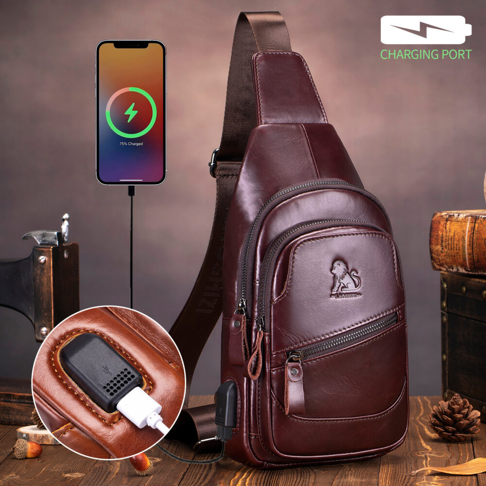 Men's Premium Genuine Leather Sling Bag with USB Charging Port - Adjustable Strap, Multi-Pocket Crossbody Chest Pack for Outdoor Adventures - Image 7