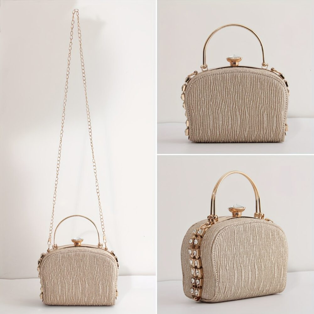 Elegant Pleated Rhinestone Evening Clutch for Women - Luxury Fashion Crossbody Bag with Chain Strap, Perfect for Weddings & Parties - Available in Golden, Silvery, Black - Image 4