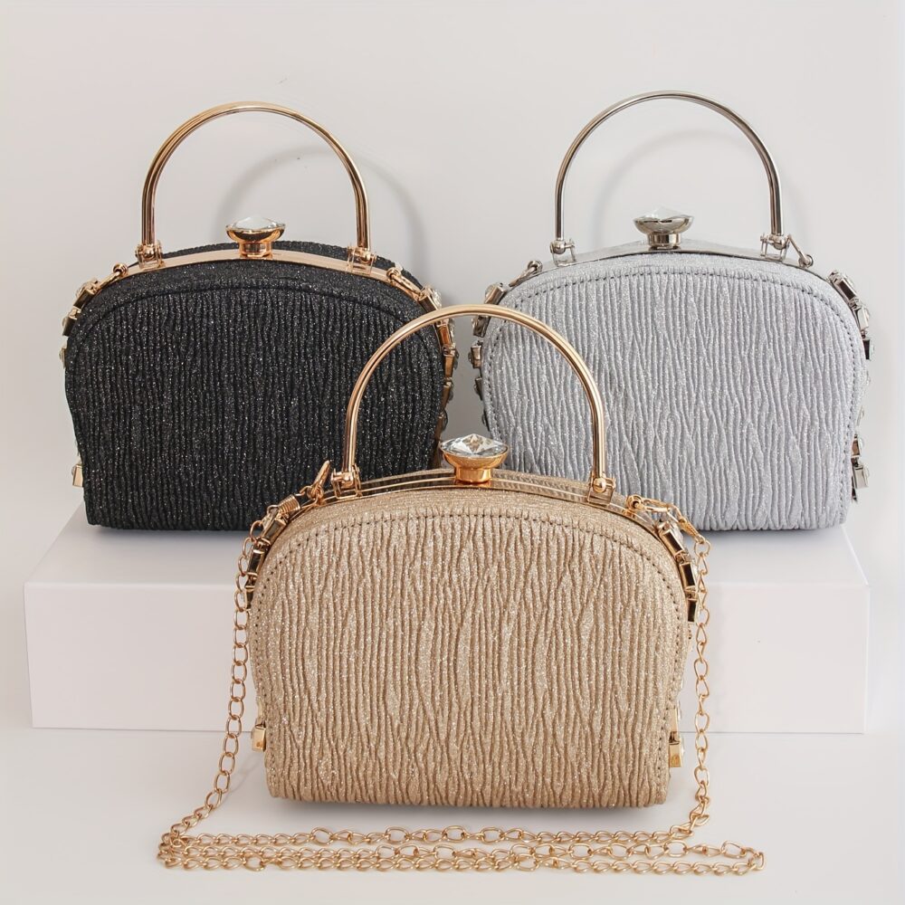 Elegant Pleated Rhinestone Evening Clutch for Women - Luxury Fashion Crossbody Bag with Chain Strap, Perfect for Weddings & Parties - Available in Golden, Silvery, Black